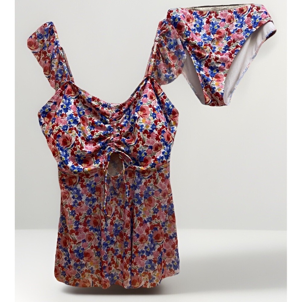 2 Piece Swim Suit Tankini Floral Flowy Sheer Midriff Adjustable Straps 4XL
